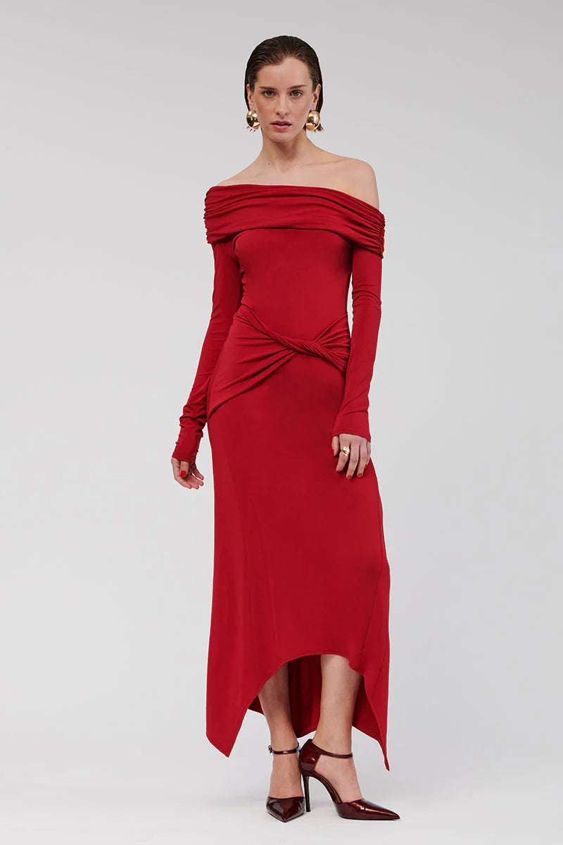 Nsauye Sexy Women Slash Neck Long Sleeve Maxi Ruched Club Dress Fashion Red Evening Party Elegant Low Waisted Autumn Dress 2024