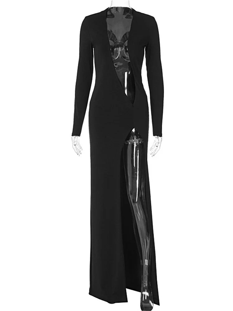 Tossy Black V-Neck Hollow Out Maxi Dress Women's Sexy Slim High Split Long Sleeve Party Dress Fashion See-Through Long Dress New