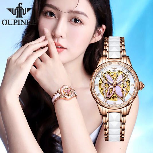 OUPINKE Top Luxury Brands Women's Watches Bracelet Gift Box Set Automatic Mechanical Watch Waterproof Butterfly Diamond Dial