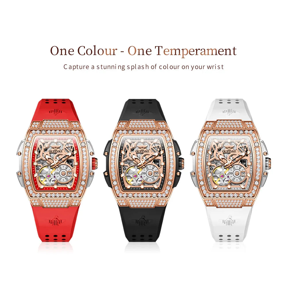 OUPINKE Original Brand Luxury Watch for Women Fashion Waterproof Elegant Diamond Wristwatch Silicone Tonneau Ladies Watches Set