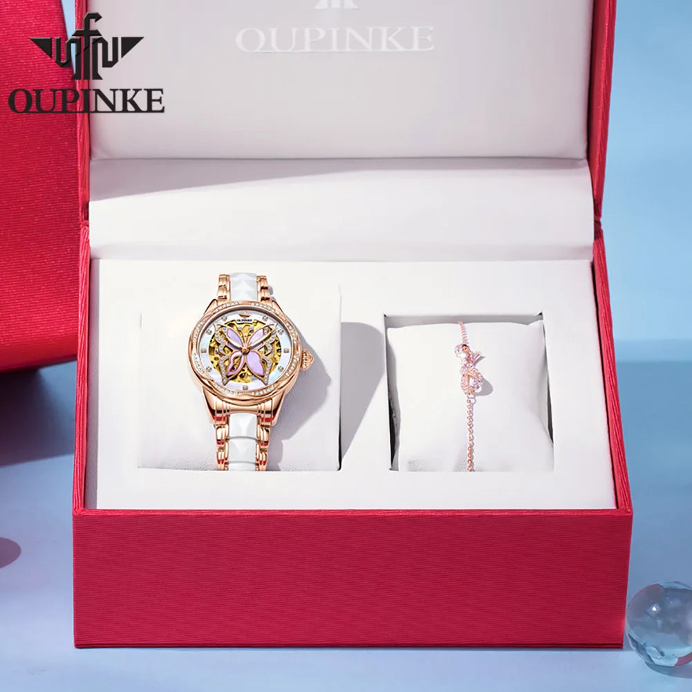 OUPINKE Top Luxury Brands Women's Watches Bracelet Gift Box Set Automatic Mechanical Watch Waterproof Butterfly Diamond Dial