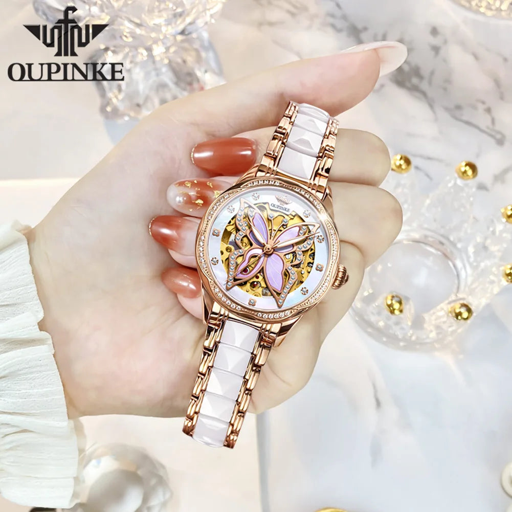 OUPINKE Top Luxury Brands Women's Watches Bracelet Gift Box Set Automatic Mechanical Watch Waterproof Butterfly Diamond Dial