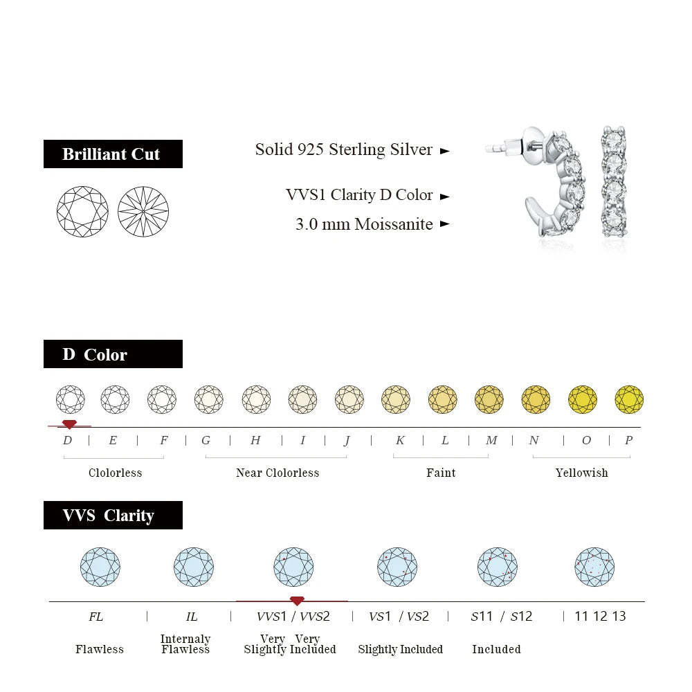 ATTAGEMS New in Round 3.0mm Moissanite Hool Earrings Passed Diamond Test Yellow Rose Plated Stud Earrings for Women Fine Jewelry