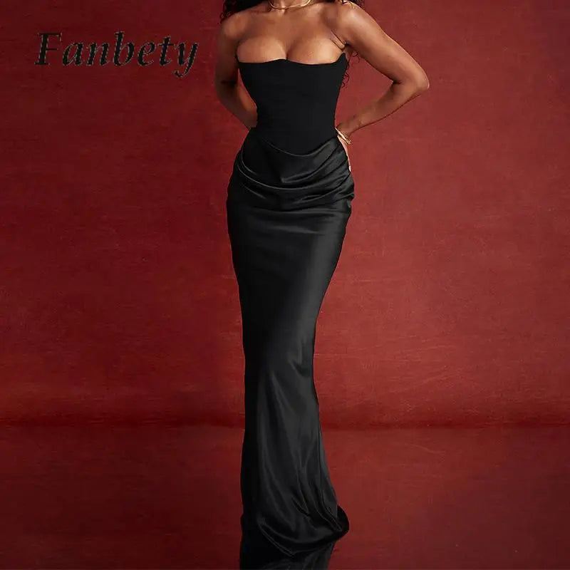 Sexy Backless Sleeveless Bodycon Evening Dress Luxury Women Tube Top Solid Full Length Gala Dress Fashion Slim Wrap Party Dress