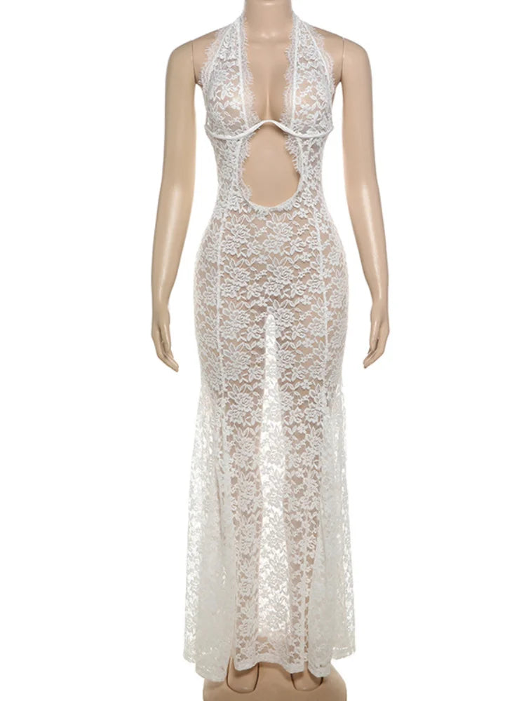 Sexy Lace See Through Hollow Out Maxi Dress White Sleeveless Halter Holiday Backless Slim Dresses 2024 Summer Beach Robes