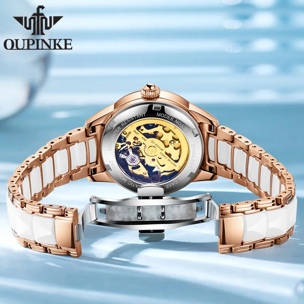 OUPINKE Top Luxury Brands Women's Watches Bracelet Gift Box Set Automatic Mechanical Watch Waterproof Butterfly Diamond Dial