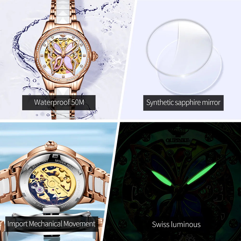 OUPINKE Top Luxury Brands Women's Watches Bracelet Gift Box Set Automatic Mechanical Watch Waterproof Butterfly Diamond Dial