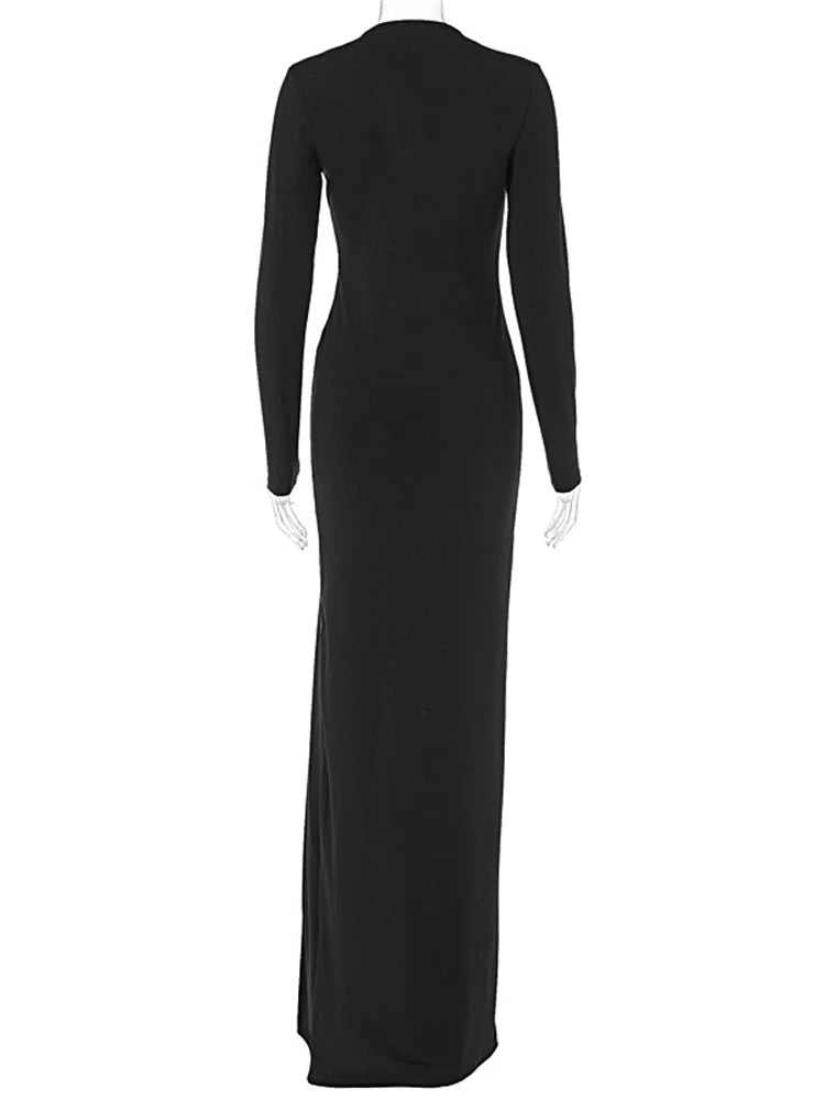 Tossy Black V-Neck Hollow Out Maxi Dress Women's Sexy Slim High Split Long Sleeve Party Dress Fashion See-Through Long Dress New