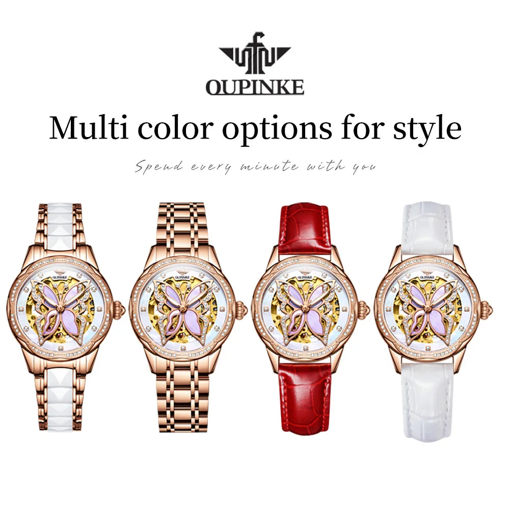 OUPINKE Top Luxury Brands Women's Watches Bracelet Gift Box Set Automatic Mechanical Watch Waterproof Butterfly Diamond Dial