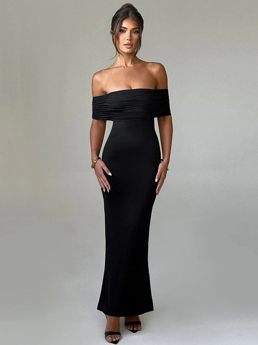 Mozision Strapless Backless Sexy Maxi Dress For Women Black Solid Off-shoulder Sleeveless Bodycon Club Party Long Dress Elegant